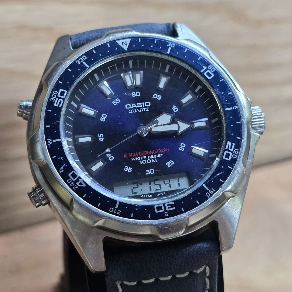 Vintage Casio AMW-320R Arnie Ana-Digi Alarm Chronograph Blue Leather - Picture 2 of 8